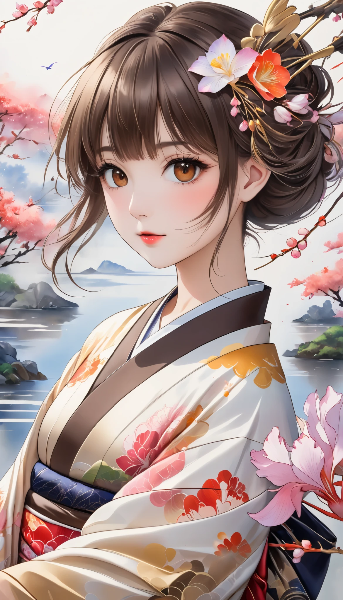 (masterpiece,  high definition , High image quality, 8k,  best quality), Japanese painting,  Watercolor and Oil Paintings Fusion ,  beautiful brown eyes, Shiny, silky, tousled hair,  adorable cute expression ,  perfect proportions, Mid-chest, Wearing a colorful Japanese kimono, Cranes are flying, Classical art, Iris Effect, Detailed illustration art digital art including background,  