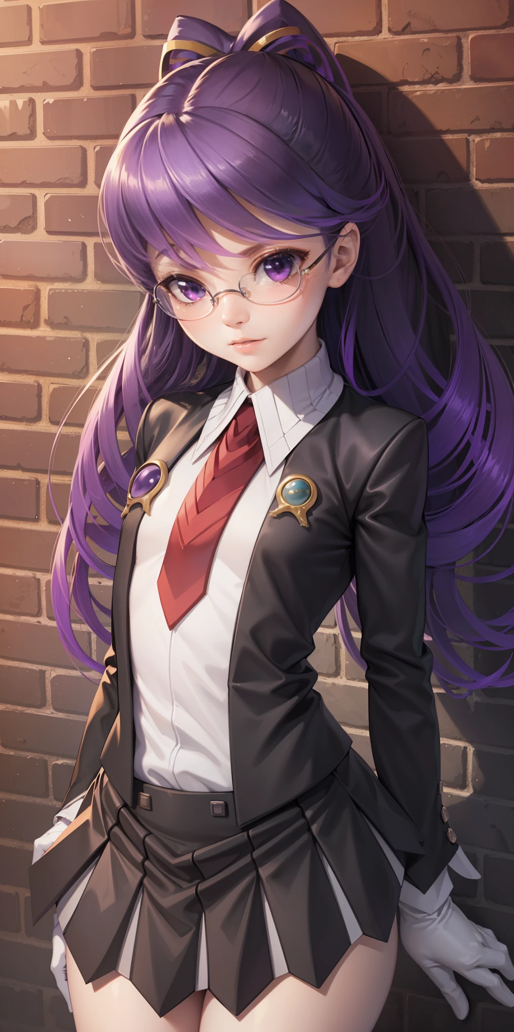 highest quality, masterpiece, high resolution,only {Black business suit:1.40} {tie:1.20} {sunglasses:1.25} {White gloves:1.15} { White shirt:1.10} {Black Skirt:1.15} good looking {Medusa_FGO:1.15} length_hair, purple_hair, very_length_hair, purple_eye, chest, big_chest, 1girl, solo, white background, brick wall backdrop, upper body, looking at viewer, bare arms, folded arms
