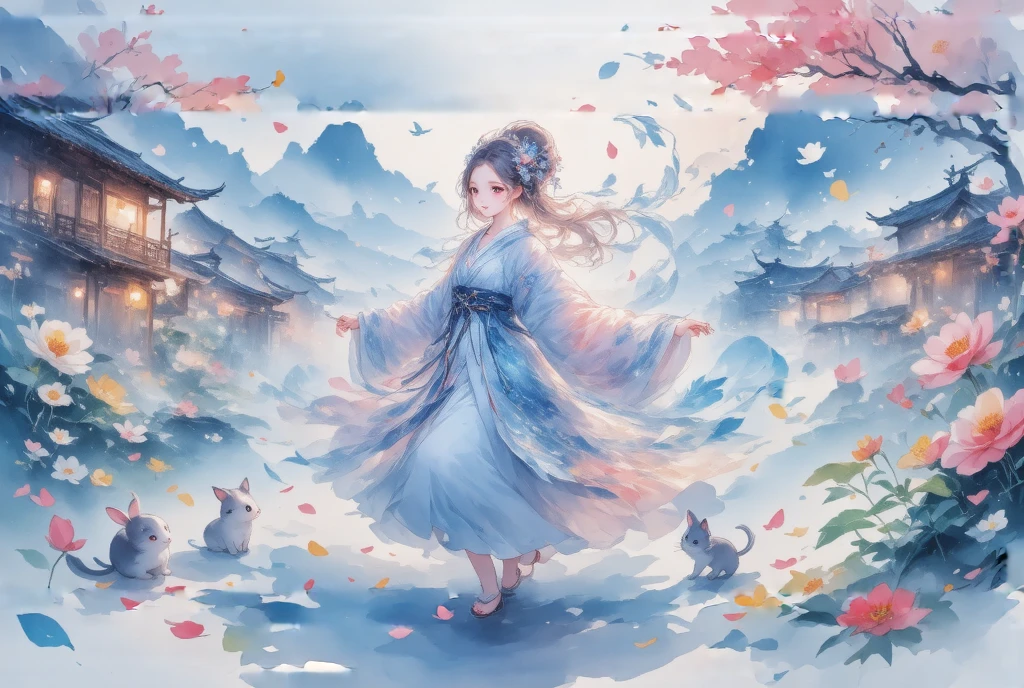 score_9, score_8, score_7, Watercolor,  Beautiful Taoyuan Township , The goddess, Feather coat,  Pink Light Silk , Dancing in Taoyuan , A blizzard of flowers,  petals:1.3, 美しい petalsが舞い乱れる,  Small Animals Play Under Your Feet , fantasy landscape, ((retina, masterpiece:1.2, high details, high quality,  highres icon, best quality, The images are connected))