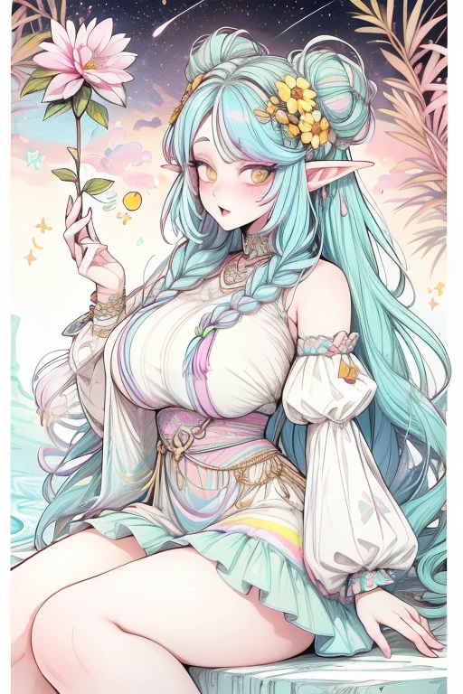  A chubby woman who is a goddess and a young adult. She has long pastel rainbow hair that is in a pretty braided updo. She is wearing a constellation goddess outfit. Her eyes are golden yellow and she is wearing cute makeup. She has a flower hairpin in her hair and is wearing a heart shaped locket. She has pointy elf ears. She is sitting in a tree whilst holding a glowing flower in her hands. Fullbody character sheet.