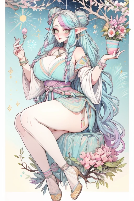  A chubby woman who is a goddess and a young adult. She has long pastel rainbow hair that is in a pretty braided updo. She is wearing a constellation goddess outfit. Her eyes are golden yellow and she is wearing cute makeup. She has a flower hairpin in her hair and is wearing a heart shaped locket. She has pointy elf ears. She is sitting in a tree whilst holding a glowing flower in her hands. Fullbody character sheet.