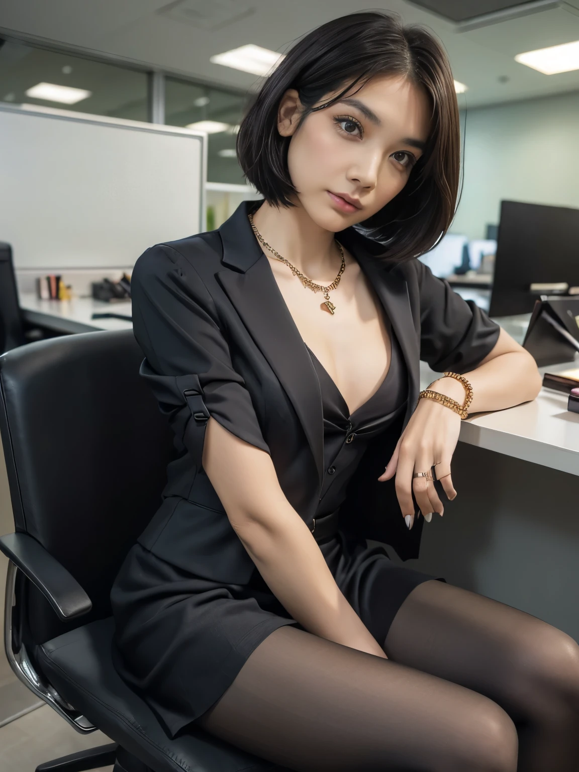 ((BOB hair)), (flat chest:1.4),(SLENDER:1.4),4k,8k,High resolution, fine representation, photographic quality.,25 years old, (Make-up:1.5), Very detailed, High quality, Masterpiece,(tight skirt)(necklace, bracelet, ring),pantyhose, thin legs, thin waist,short hairFemale office worker,(( in skirted black suit)), sitting on chair, ((bending forward)), (jacket and blouse spread to reveal real bra.),Office