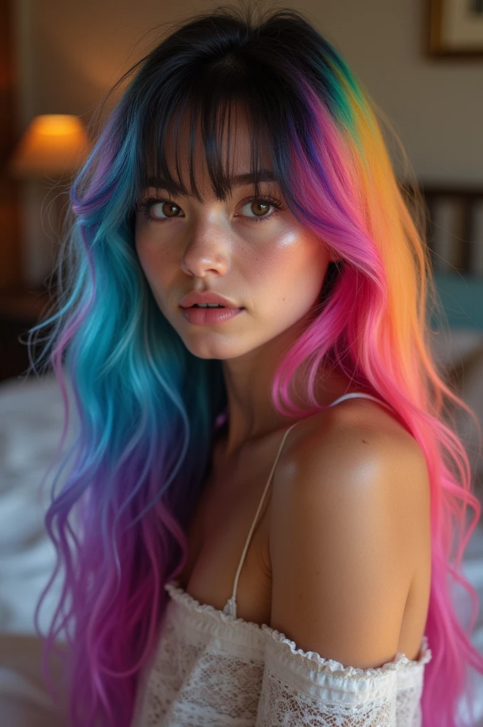 a raw photo of a woman, blue eyes, blue hair, messy hair, lean body, crop top, night beach background, starry sky, moonlight, natural shadows, natural reflections, realistic