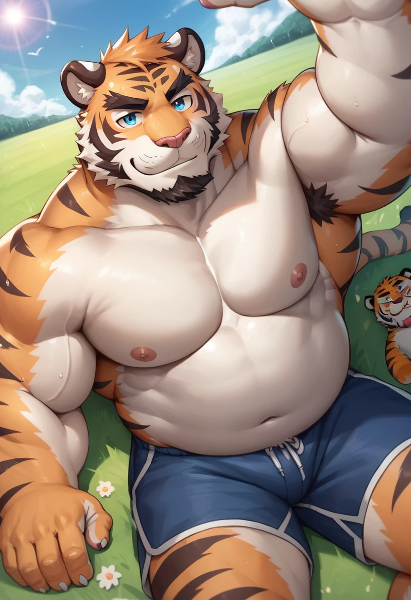 ((solo)), male, anthro (tiger), (naked:1.3), ((dorm room background, sitting on bed)), by meesh, by honovy, by thebigslick, by taran fiddler, (erection), balls, smile, (correct anatomy:1.2), (glans), ((detailed face, detailed eyes)), ((muscular, beefy, large pecs)), bill (/beastars/), belly