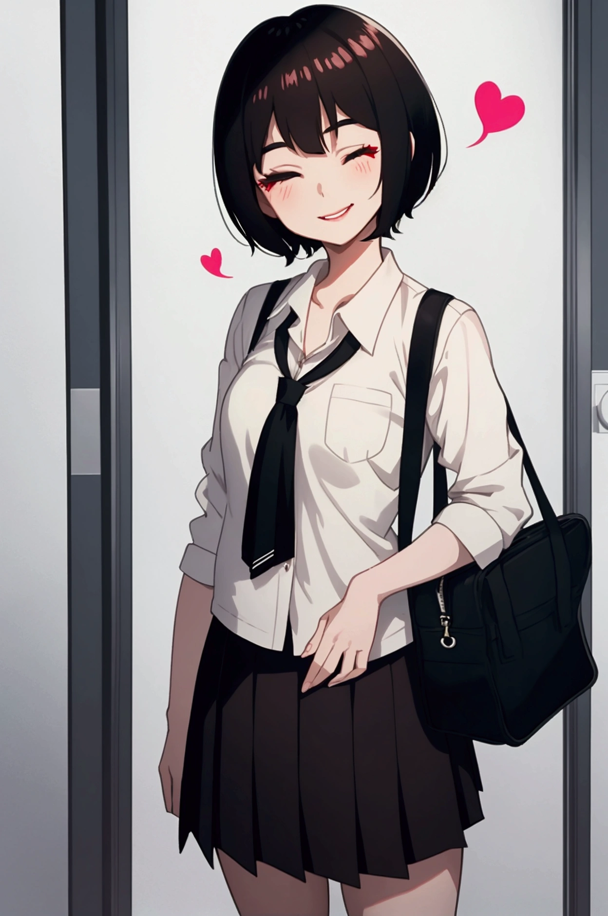 Peni Parker, girl, short height, black hair, brown eyes, short hair, pale skin, school uniform, short skirt, pale skin, smile, one eye closed, talking heart, standing, sexy
