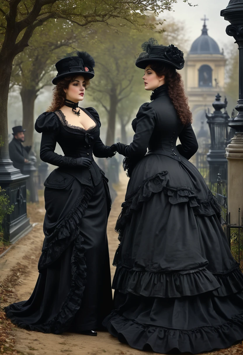 vintage photo of sexy ladies wearing black dresses and hats, posing 1880_dr3ss <lora:1880_dress_v1:1>
