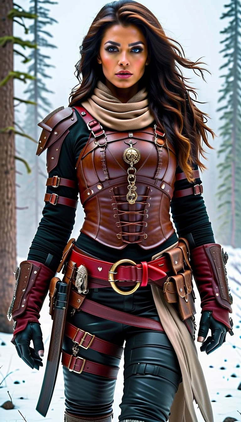 A photo realistic full-body portrait of a fierce post-apocalyptic warrior woman standing confidently in a snowy wasteland. She has strikingly sharp facial features, piercing eyes, and flowing dark hair that moves with the wind. Her outfit is a mix of rugged bear skin armor with metallic accents, a fitted leather corset, and reinforced shoulder pads, showcasing both practicality and style. She wears red dark gloves, belts adorned with metallic details, and thigh holsters that secure her weapons, she is pants is white bear skin, injured by bear include Ripped clothe. slime body shapely. Using a moss rod made of bear skin. bear skin clothe.