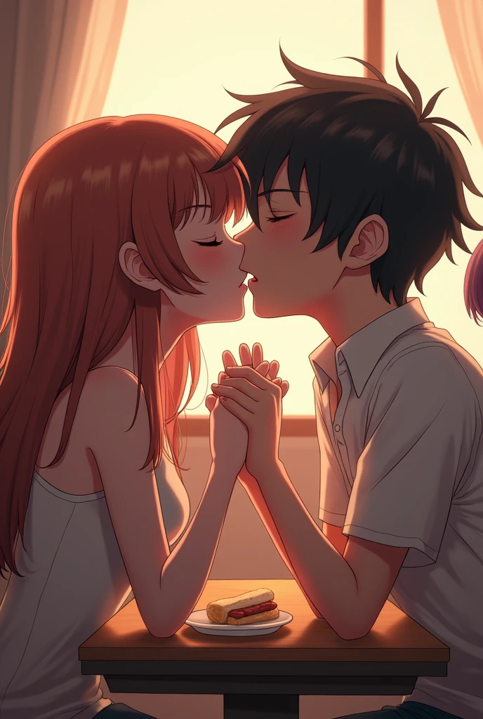 Anime girl.with red lipstick kissing anime boy with saliva drooling from their mouths