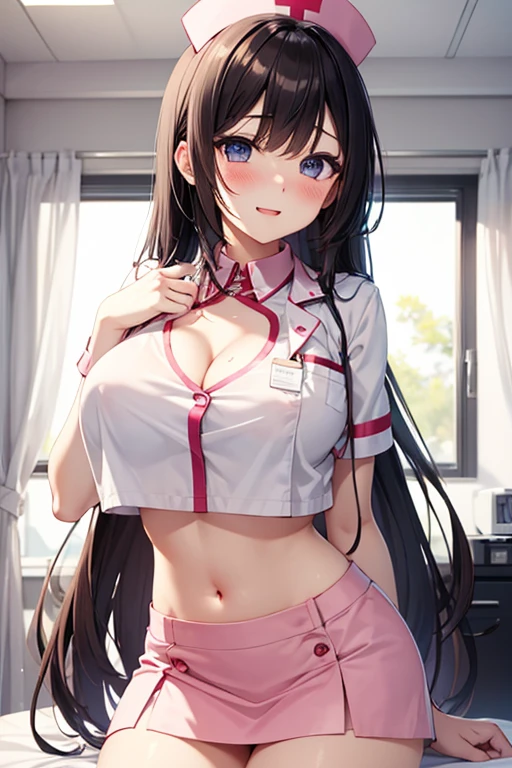 solo, shy smile, Standing at attention, dynamic pose, clear light skin, very long straight brown hair with a dark purple tint, very Young girl, Beautiful Finger, Beautiful long legs, Beautiful body, perfect brown eyes, expressive eyes, looking at viewer, 8k wallpaper, perfect lighting, masterpiece, lens flare, vibrant color, (Beautiful small Breasts:1.2), (slender girl), rounded face, bangs between the eyes, parororo, short school dress with white apron, cccpuniform, long strand of hair hangs curls down between eyes, mariarya, ariawm