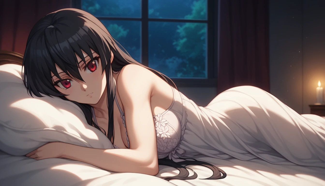 1 girl, solo, Akame from Akame ga Kill, wearing a soft and elegant nightgown. Her long black hair is flowing gently, with some strands slightly covering one of her red eyes. She has a calm and peaceful expression on her face, lying on a comfortable bed surrounded by soft blankets. The setting is cozy, with warm, dim lighting that creates a serene and intimate atmosphere. The anime style is detailed, with light pastel tones and soft focus on the background, emphasizing the relaxing and tranquil mood of the scene.