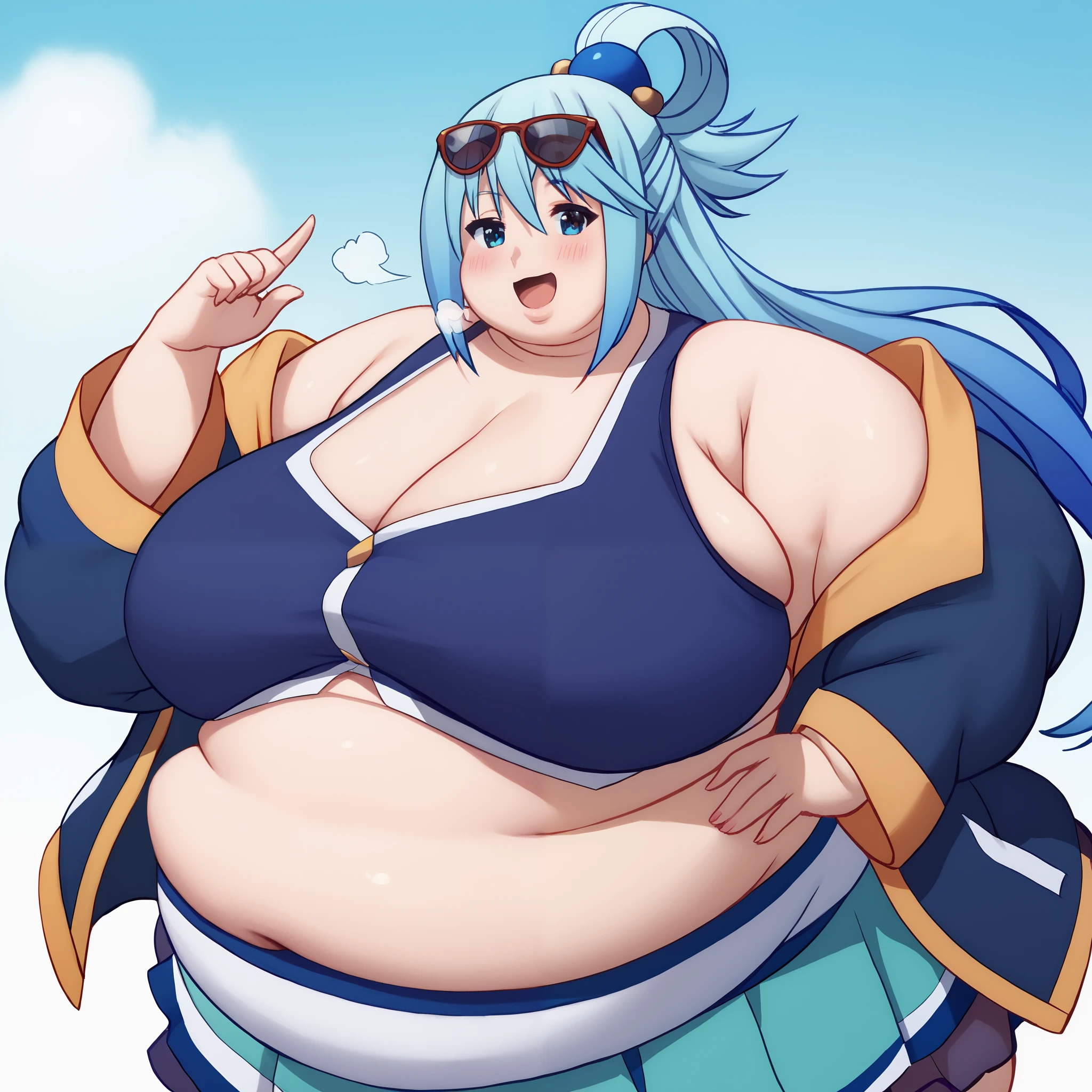 1girl, aqua_(konosuba), breasts, long_hair, solo, blue_eyes, eyewear_on_head, cleavage, sunglasses, smile, jacket, looking_at_viewer, large_breasts, open_mouth, blue_hair, bare_shoulders, hair_ornament, long_sleeves, open_clothes, off_shoulder, :d, open_jacket, hair_rings, black_jacket, crop_top, arm_up, upper_body, blush, bangs, hand_on_eyewear, hand_on_hip, midriff, sleeveless, very_long_hair fat, chubby, obese, gigantic arms and legs, large breasts open mouth, out of breath, full body shot 