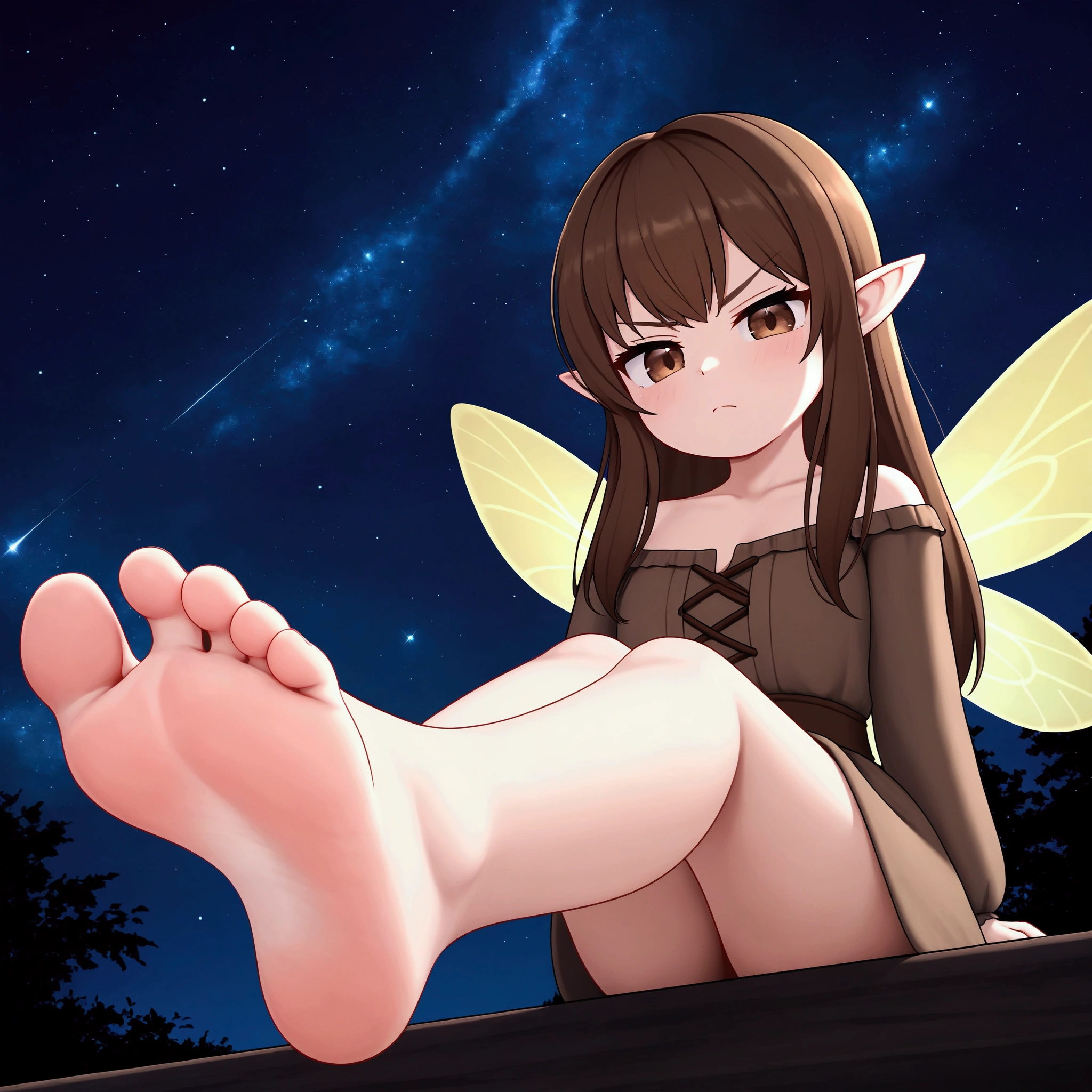 (tiny adventurers in mountains and hills in front of closeup breasts and face of a giantess: 1.5), closeup breasts and face, (from below view: 1.2), (tiny sized breasts) cleavage, (cute bright fairy with wings, magical nature clothing that reveals breasts and thighs: 1.1), (magical nature clothing: 1.1), hime cut, flowing hair, (medieval fantasy: 1.1), nipples, (fantasy outside: 1.1), (very low angle perspective: 1.2), (foot), barefoot, sitting, (tiny army from sky view: 1.1), (tiny army from sky view in front of closeup foot of a giantess: 1.1), (closeup foot: 1.4), (anorexic and skinny and tall: 1.2)