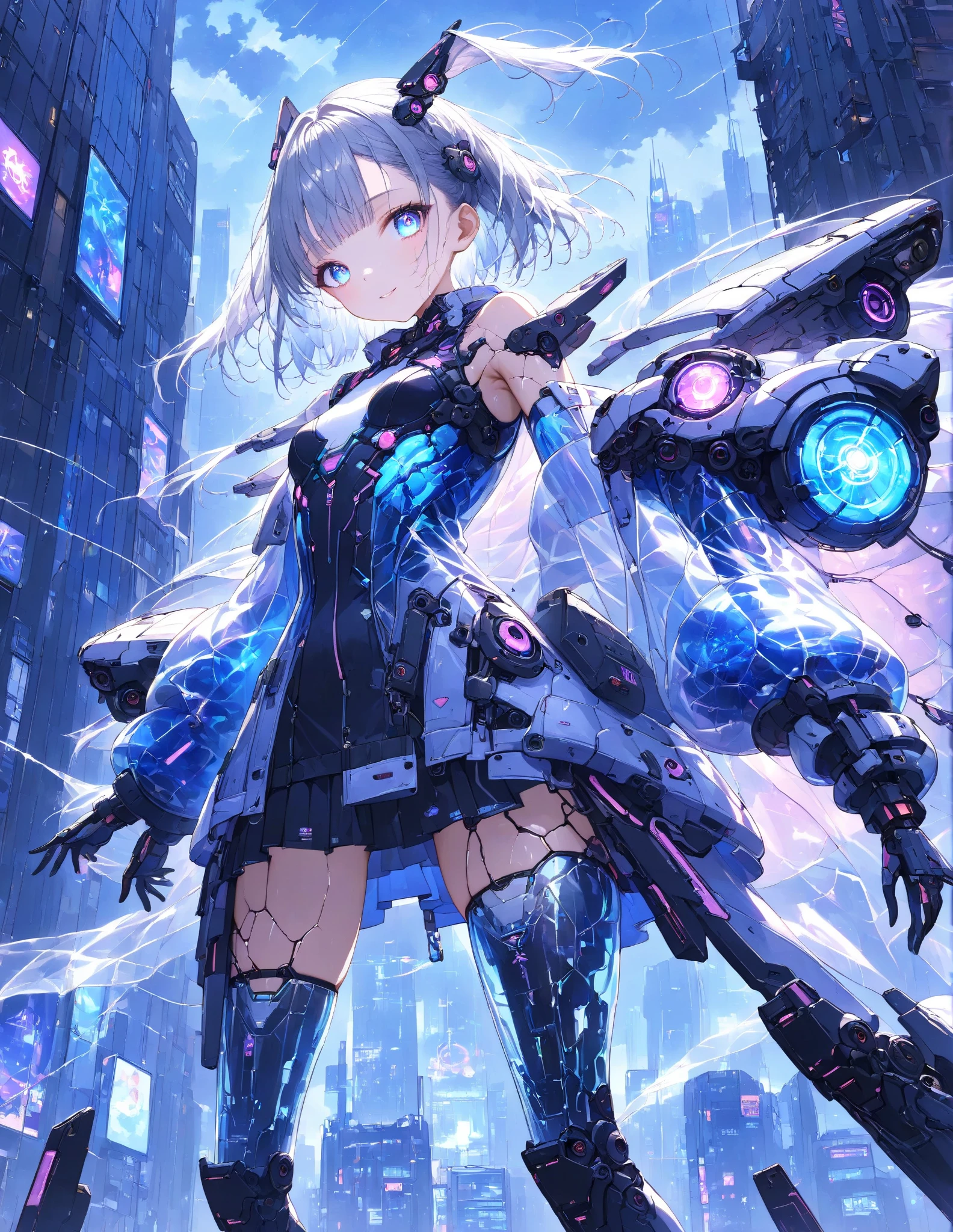 masterpiece, high quality, high resolution, 16k, detailed background, hyperrealistic, digital painting, cyberpunk, sci-fi, one ***ite girl,
small breasts, beautiful face, long eyelashes, white skin, blue eyes, slitted eyes, stars in eyes, short gray hair, beautiful hair , beautiful skin, white to blue gradient hair, holographic, shining, translucent tips, semi-long hairstyle, big eyes with digital pattern iris, smiling expression, neon blue and purple lines, white futuristic suit, mini-skirt-like design with transparent material and metal parts, transparent and shiny soles, boots with mechanical parts, skin with faint circuit-like patterns, neon-lit skyscrapers, holographic advertisements, flying hoverbikes and drones, dystopian cyberpunk city under a starless dark sky, dim skyscrapers covered in neon, flickering and broken, surface cracked and weathered city old and decrepit, city has a rough atmosphere, cloudy sky with faint streaks of artificial light from passing drones , rain streets wet and reflective with puddles, industrial structures emitting smoke and steam, heavy, atmospheric fog, cityscape background with perspective enhancing depth, holograms spreading from her fingertips, glowing pathways responding to her movements, small drones, a drone in the shape of a glowing rabbit or cat hovering near her shoulder, light reflecting off hair and clothing, small glowing particles floating around her.