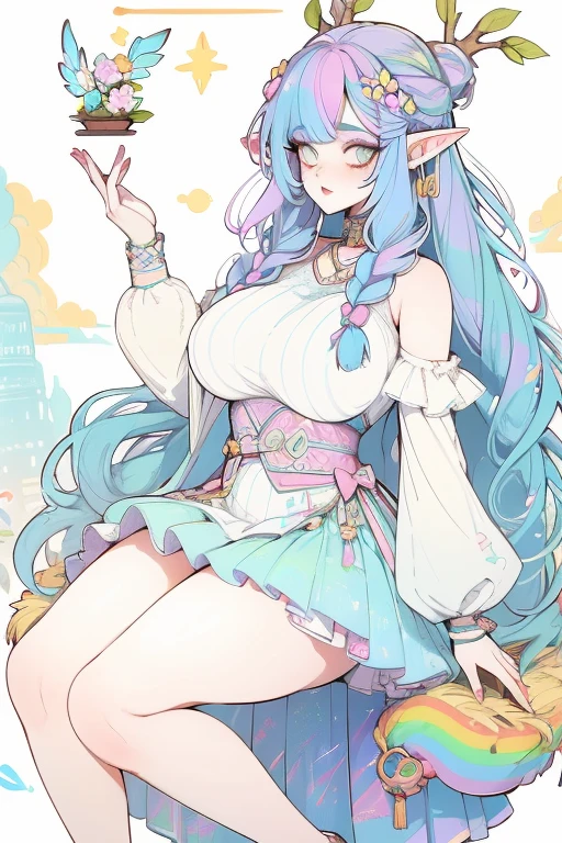  A chubby woman who is a goddess and a young adult. She has long pastel rainbow hair that is in a pretty braided updo. She is wearing a constellation goddess outfit. Her eyes are golden yellow and she is wearing cute makeup. She has a flower hairpin in her hair and is wearing a heart shaped locket. She has pointy elf ears. She is sitting in a tree whilst holding a glowing flower in her hands. Fullbody character sheet.