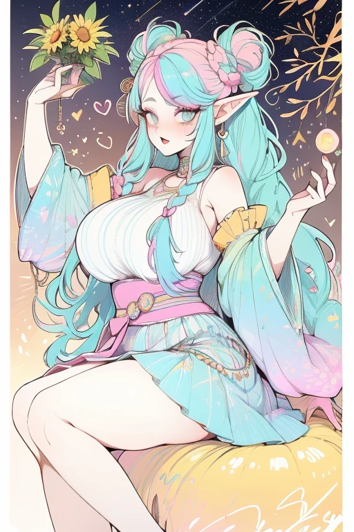  A chubby woman who is a goddess and a  adult. She has long pastel rainbow hair that is in a pretty braided updo. She is wearing a constellation goddess outfit. Her eyes are golden yellow and she is wearing cute makeup. She has a flower hairpin in her hair and is wearing a heart shaped locket. She has pointy elf ears. She is sitting in a tree whilst holding a glowing flower in her hands. Fullbody character sheet.