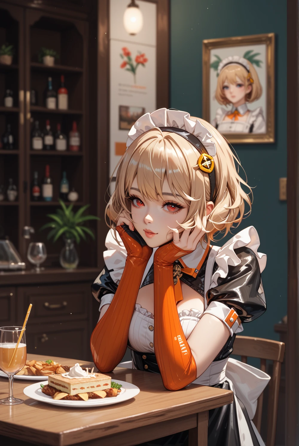((Tanya von degurechaff, White shirt, Buttons open, Her breasts, armpit, white liquid, dining room))