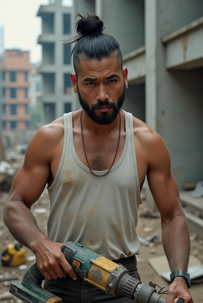 Create realistic images a Thai man stand to the side and turn their heads to look forward. On the back, he carries a camouflage backpack. Both hands gripped the hilt of the sword. Clothes were stained and partially torn. Standing in the middle of a road full of overturned car wreckage. The background is an abandoned building. Thai style building and there is a large yellow Buddha statue.