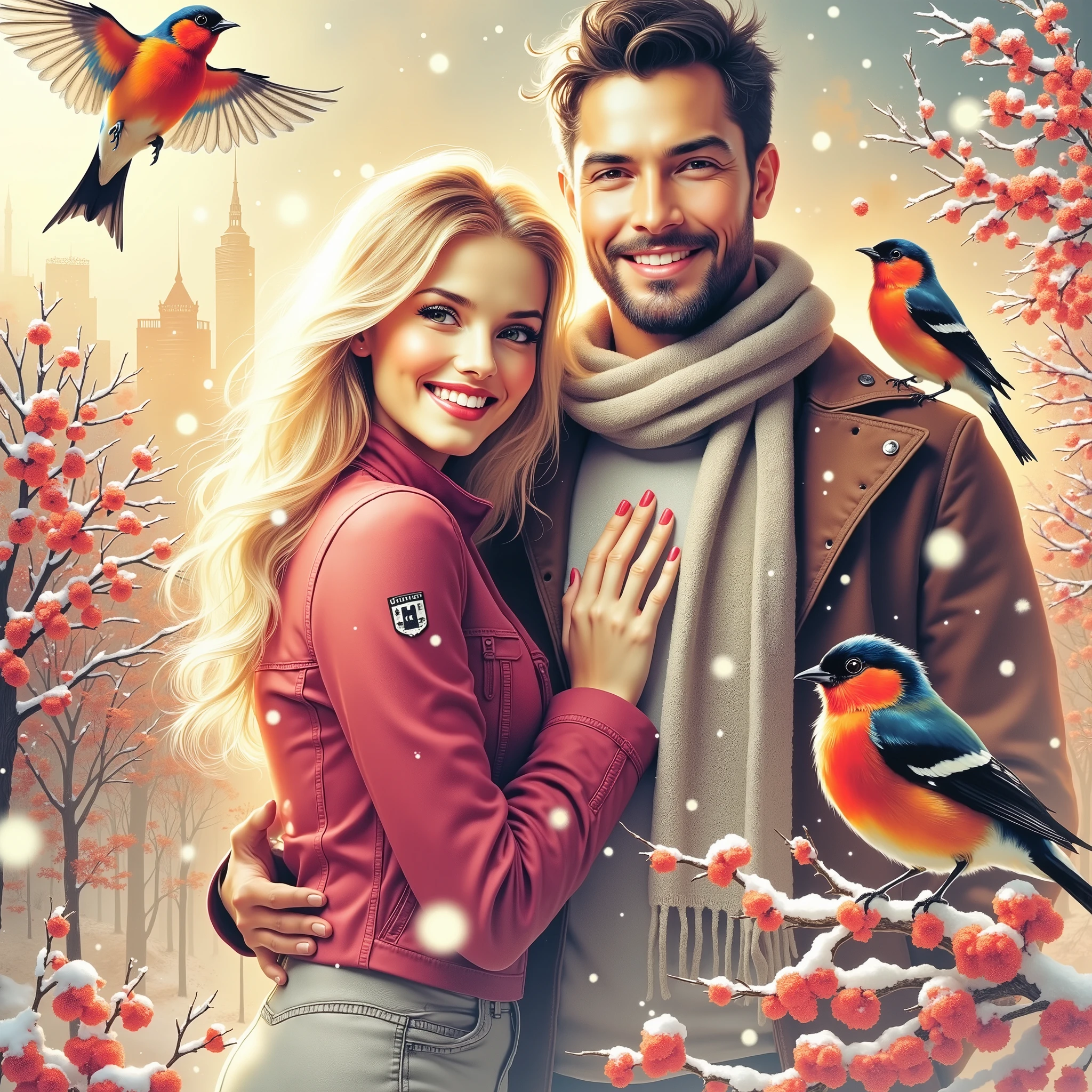 (((EXTREMALLY DETAILED ULTRAREALISTIC 3D OCTANE RENDER VOLUME EMBOSSING IMPASTO FOREGROUND: 1.3))) It's a beautiful SNOWY scene of WINTER with SNOWBIRDS in vibrant PINK-RED-BURGUNDY hues and HOLOGRAPHICBLIKS SNOWFLAKES sparkling in bokeh light, a beautiful HAPPY couple, a long BLONDE 18 YEARS SMILE WOMAN EMOTIONAL EXPRESSIVE PASSIONATE HUGS 30 YEARS MUSCULAR BRUTAL MAN WITH SHORT BLACK HAIR, standing TOGETHER. ON PASTEL BACK SNOWY TREES WITH  BULLFINCHES, illuminating branches in warm sunlight, creating a peaceful and golden mood. Paint a dreamy hazy breezy wet on wet watercolour artwork, using minimal paints and maximum loose water effects, WINTER  colour palette, PERFECT composition, minimalist, impressionist, with no text. MODERN CASUAL WINTER COATS. (((ON BACK PASTEL MOODY SKYSCRAPERS))).
bokeh ethereal beautiful fantastic view Golden ratio dreamy nostalgic Atmospheric melancholy natural light Tran Nguyen rules of third Visual Poetry fog and smoke unfiltered creativity minimal paint and water effects beautiful WINTER palette Dreamy Hazy Breezy (((2D BLURRY PASTEL BACKGROUND: 1.2))) (((GLOSSING ULTRADETAILED IDEALSILKGLOSSING HAIRS))) (((MODEL BEAUTIFUL HANDSOME IDEAL FACES)))