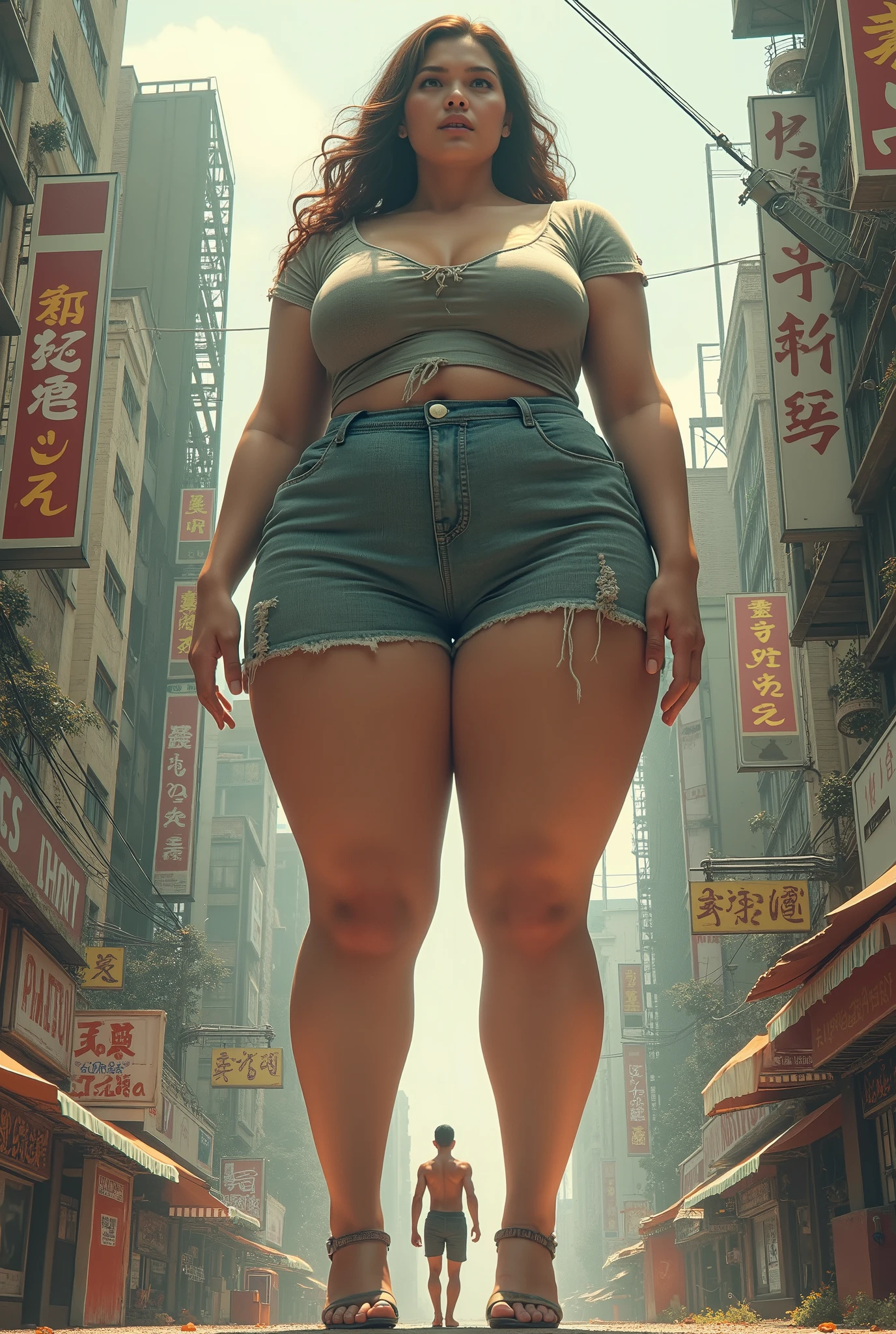 [documentary photo of "A towering blonde Giantess in a cool and laid-colorful hippie style is rocking a white crop top and baggy red skirt. (barely visible white panties). Her toned and athletic build hints at her massive strength. She seems to be casually strolling through the bustling cityscape of GTS City, as towering buildings loom overhead. Smoke and clouds roil around her, adding to the sense of epic scale and drama. The front lighting is dark, gloomy, and realistic, creating a tense and ominous atmosphere. The perspective is from below, emphasizing the sheer majesty and power of the Giantess.".], [8K, Best Quality, Masterpiece, Ultra High Resolution, (highly detailed CG unity 8k wallpaper), (best illustration), (best shadows), isometric 3D, octane rendering, ray tracing, highly detailed, (wide panoramic view: 1.1), (Best quality, 4K, 8 k, high resolution, masterpiece:1.2), absurdity, masterpiece, ultra detailed, (realistic, photorealistic, photorealistic:1.37), complex parts, HDR, (complex parts:1.12), (hyper detailed, hyper realistic, Soft lighting, spicy:1.2), beautiful figure, Magnificent Anatomy, (complex part, Hyper detailed:1.15). Blurred foreground., (Front lighting), realistic, masterpiece, high quality, brightness, chromatic aberration, by Jeremy Lipking, by Antonio J. Manzanedo, 8k uhd, smoke, shadows, contrast, clear sky, looking_at_viewer, (warm hue, warm tone), high details, natural skin pores]. 