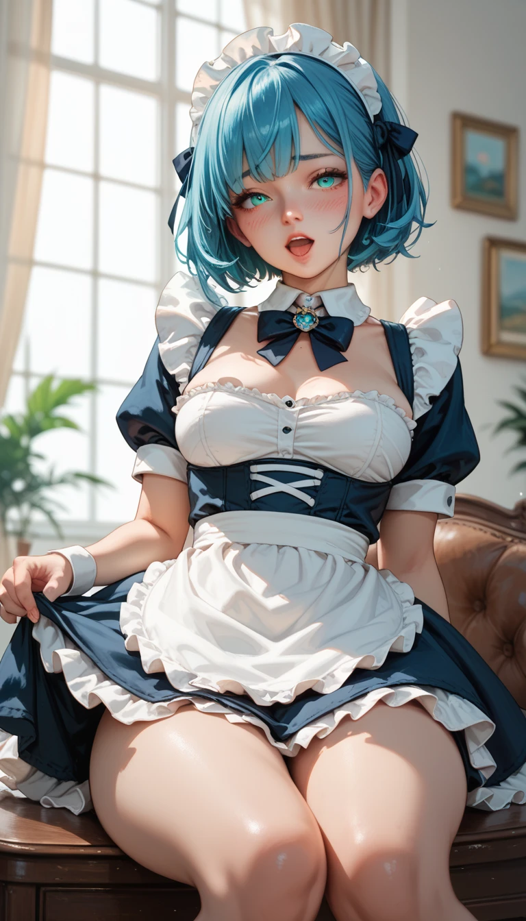 1 girl , short hair, light blue hair, maid outfit, blush, thighs, smiling, glowing, sidelighting, wallpapers,