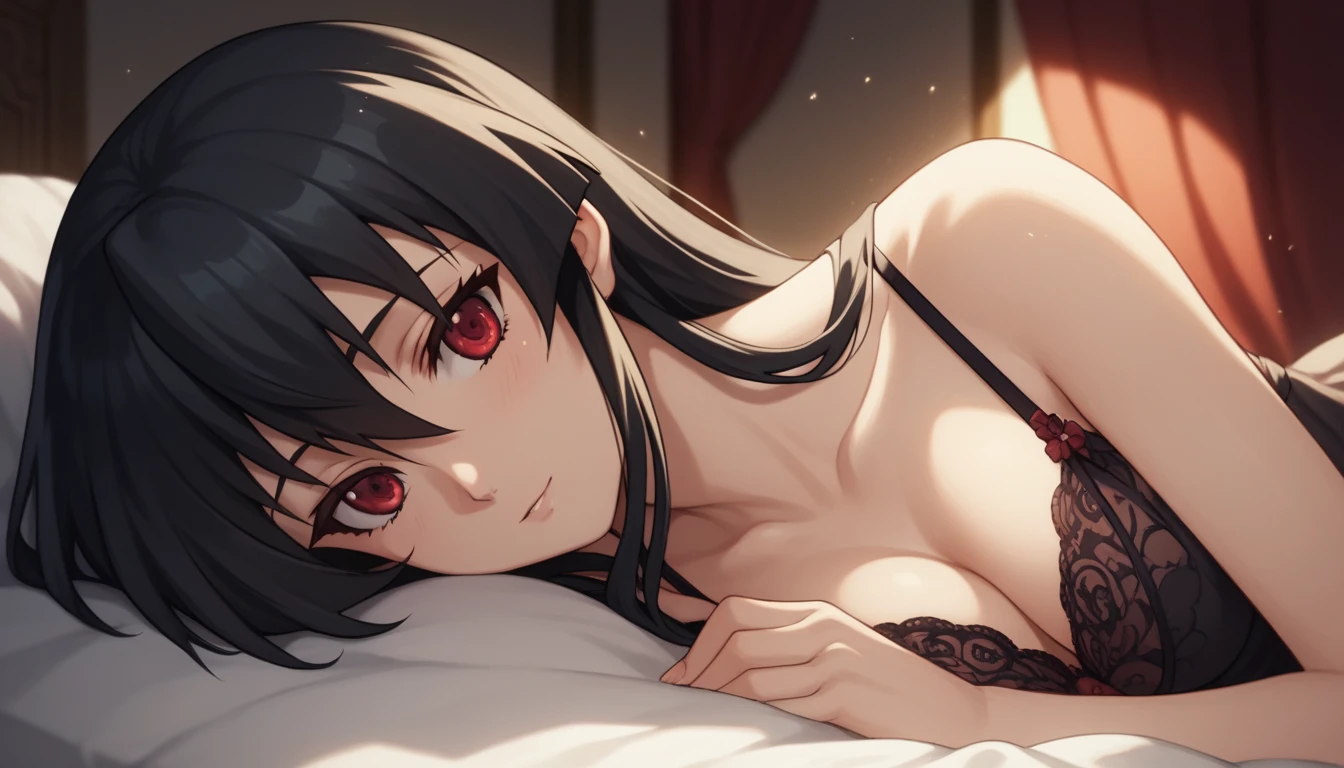 1 girl, solo, Akame from Akame ga Kill, wearing a soft and elegant nightgown. Her long black hair is flowing gently, with some strands slightly covering one of her red eyes. She has a calm and peaceful expression on her face, lying on a comfortable bed surrounded by soft blankets. The setting is cozy, with warm, dim lighting that creates a serene and intimate atmosphere. The anime style is detailed, with light pastel tones and soft focus on the background, emphasizing the relaxing and tranquil mood of the scene.