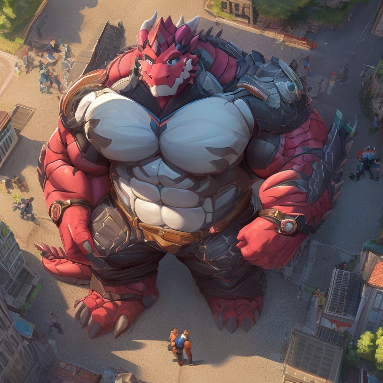 The as big as a building Exoskeleton Dragon in the small street,Exoskeleton Dragon(massive:3.0,Big Muscle:1.1(red and grey,heavyweight,strong,macro,Emphasize huge size, Stepping on the ruins)),background((the collapse building,raising little spoke,the little sparks,the rift in the road)),low angle perspective