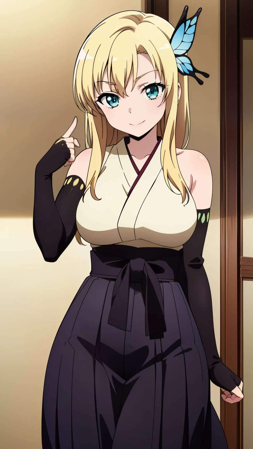 (masterpiece, best quality, high resolution, 8k:1.2), (anime coloring:1.2), 1girl, high resolution, unity 8k wallpaper, (beautiful detailed eyes:1.2), extremely detailed face, perfect lighting, extremely detailed CG, beautiful eyes, perfect eyes, detailed eyes, distinctive big highlights, symmetrical eyes, (mature face:1.1), blonde hair, bangs, green eyes, slim, (medium breasts:1.2), smile, (large butterfly hair clip:1.2),
(cowboy shot:1.2), (sexy pose:1.2), (perfect hands, perfect anatomy), solo, dutch angle, looking at viewer, nffsw, (black japanese clothes, nosleeve, elbow gloves, and fingerless gloves, black hakama, hakama, horizontal milk, backless rob),