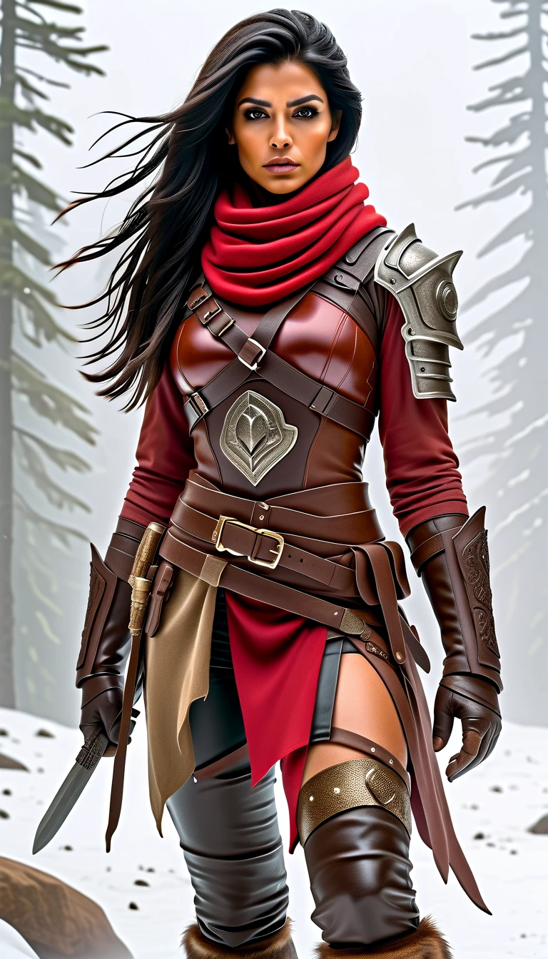 A photo realistic full-body portrait of a fierce post-apocalyptic warrior woman standing confidently in a snowy wasteland. She has strikingly sharp facial features, piercing eyes, and flowing dark hair that moves with the wind. Her outfit is a mix of rugged bear skin armor with metallic accents, a fitted leather corset, and reinforced shoulder pads, showcasing both practicality and style. She wears red dark gloves, belts adorned with metallic details, and thigh holsters that secure her weapons, she is pants is white bear skin, injured by bear include Ripped clothe. slime body shapely. Using a moss rod made of bear skin. bear skin clothe. scarf in head with hijab.
