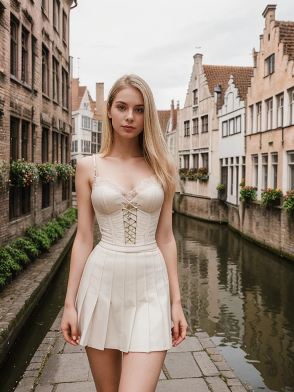 her name is Marie, high quality, 1girl, ((20-year-old fit Caucasian woman)), ((20 years old)), ((fit)), ((pale skin tone)), medium length straight blonde hair , wearing Lace-Up Corset Top + High-Waisted Pleated Skirt, pose: standing, background: Detail the picturesque streets of Bruges, Belgium, where cobblestone lanes, historic buildings, and serene canals create a postcard-perfect scene.
