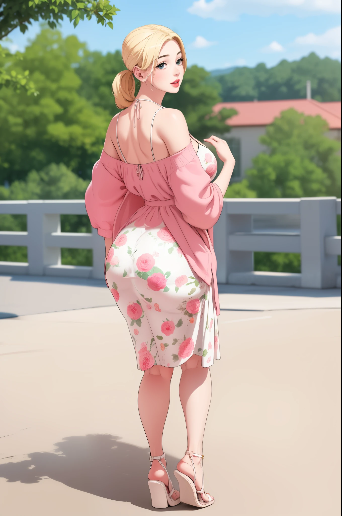 A single extremely beautiful cute woman, with gold blonde hair tied with a ribbon, big green-blue hazel eyes, extremely fair white skin, plump red glossy lips, small breasts, a plain curvy yet slim-thin body, wearing a simple long white floral dress with spaghetti straps and a v neckline, and a cardigan worn in an off-shoulder style resting on her elbows from the back and pink sandals, looking at the viewer, standing straight, hands on the side, cute plain expression, show the full body from head to feet, village background.