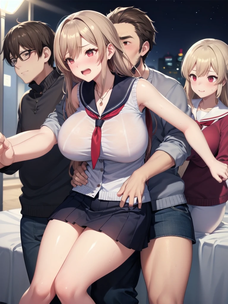       pussy    ,   Big Breasts,        school uniform,        sailor suit ,       high school girls  ,          cardigan      ,         cosplay, Big Breasts,               open her chest wide                , ,(           Miniskirt Length        :1.3),  (グレーの   フロントクロージャー付き       cardigan      ),      sleeveless high neck top  {x}  for viewers with her hands on the ground  , No pants,(          Sweaty  , shiny skin:1.1), (  Bed at night:1.2),       Outdoor      , spotlight effect     , darkroom,(    High image quality,            High Quality       :1.1),           intricate details that accentuate the arms between their legs     ,            Movie Screenplay             ,            1 girl,(,    she's very shy   ),(           Necklaces          ),(  hugged from behind:1.2),      big obese man  ,(  Man Standing Behind a Woman  :1.2),(senior citizen),(Close to women :1.2)      Side View     ,    ((Backhug:1.2)),( I have a lovey-dovey couple :1.2),  