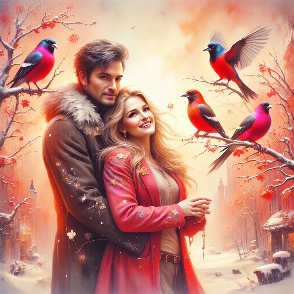 (((EXTREMALLY DETAILED ULTRAREALISTIC UNREAL ENGINE OCTANE RENDER VOLUME EMBOSSING IMPASTO FOREGROUND: 1.3))) It's a beautiful SNOWY scene of WINTER with SNOWBIRDS in vibrant PINK-RED-BURGUNDY hues and HOLOGRAPHICBLIKS SNOWFLAKES sparkling in bokeh light, a beautiful HAPPY couple, a long BLONDE 18 YEARS SMILE WOMAN EMOTIONAL EXPRESSIVE PASSIONATE HUGS 30 YEARS MUSCULAR BRUTAL MAN WITH SHORT BLACK HAIR, standing TOGETHER. ON PASTEL BACK SNOWY TREES WITH BULLFINCHES, illuminating branches in warm sunlight, creating a peaceful and golden mood. Paint a dreamy hazy breezy wet on wet watercolour artwork, using minimal paints and maximum loose water effects, WINTER colour palette, PERFECT composition, minimalist, impressionist, with no text. MODERN CASUAL WINTER COATS. (((ON BACK PASTEL MOODY SKYSCRAPERS))). bokeh ethereal beautiful fantastic view Golden ratio dreamy nostalgic Atmospheric melancholy natural light Tran Nguyen rules of third Visual Poetry fog and smoke unfiltered creativity minimal paint and water effects beautiful WINTER palette Dreamy Hazy Breezy (((2D BLURRY PASTEL BACKGROUND: 1.2))) (((GLOSSING ULTRADETAILED IDEALSILKGLOSSING HAIRS))) (((MODEL BEAUTIFUL HANDSOME IDEAL FACES)))