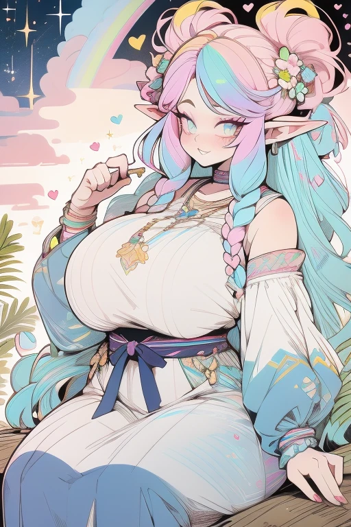  A chubby woman who is a goddess and a young adult. She has long pastel rainbow hair that is in a pretty braided updo. She is wearing a constellation goddess outfit. Her eyes are golden yellow and she is wearing cute makeup. She has a flower hairpin in her hair and is wearing a heart shaped locket. She has pointy elf ears. She is sitting in a tree whilst holding a glowing flower in her hands. Fullbody character sheet.