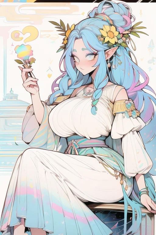  A chubby woman who is a goddess and a young adult. She has long pastel rainbow hair that is in a pretty braided updo. She is wearing a constellation goddess outfit. Her eyes are golden yellow and she is wearing cute makeup. She has a flower hairpin in her hair and is wearing a heart shaped locket. She has pointy elf ears. She is sitting in a tree whilst holding a glowing flower in her hands. Fullbody character sheet.