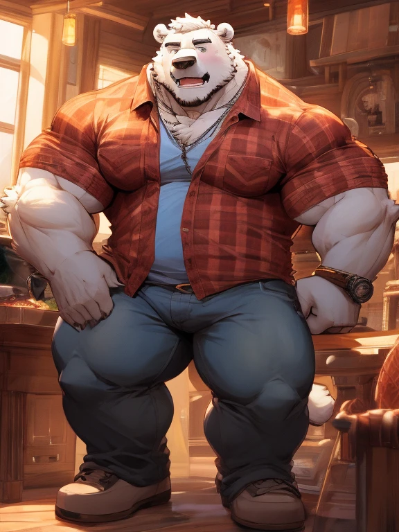 Furry, polar bear, muscular, wearing flannel shirt, wearing tight jeans, crotch bulge