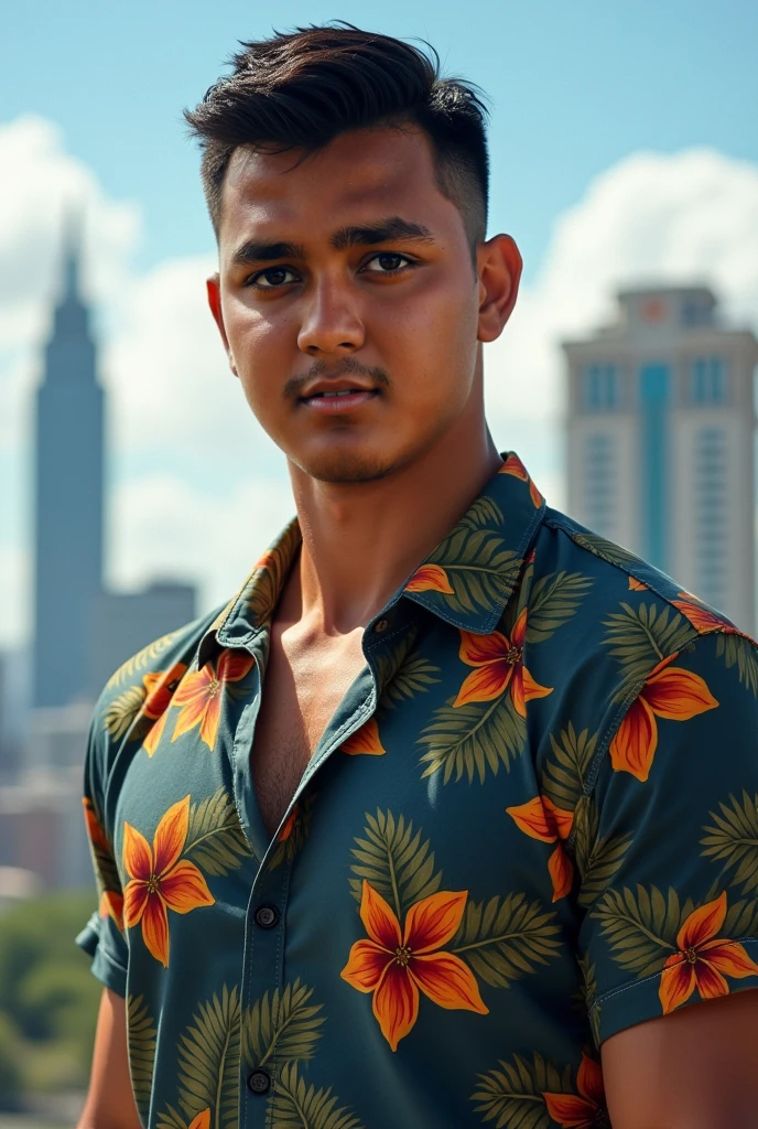 (Masterpiece, high resolution, best quality), solo, 1 male, 30-years old man, asian, tough guy, black hair, crew cut, black eyes, tall and muscular, aloha shirt, looking at viewer, upper body, cityscrape background