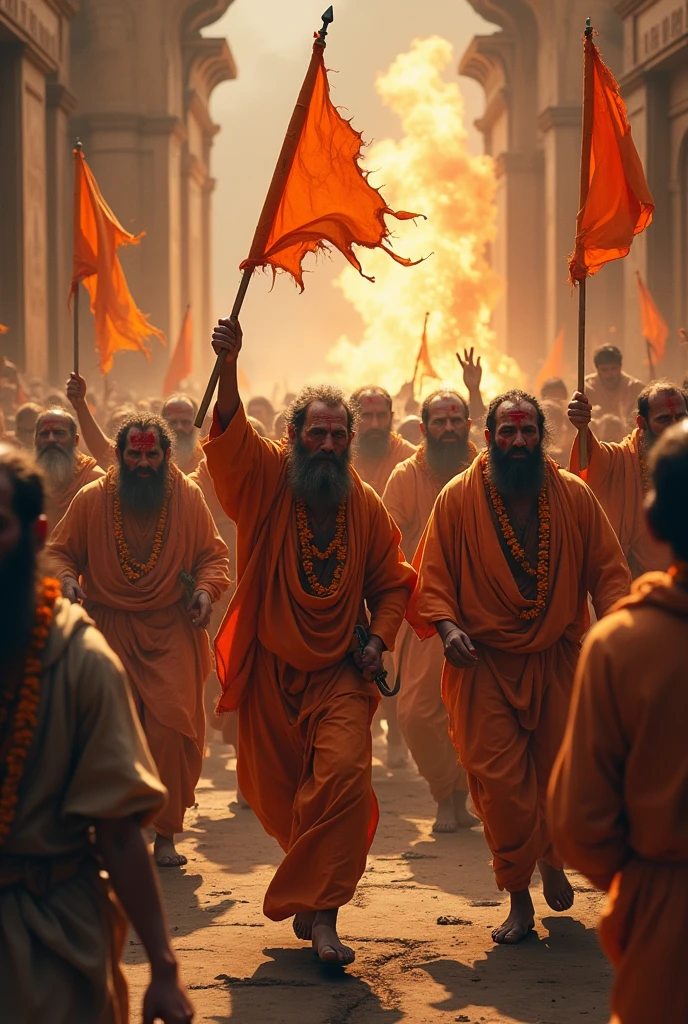 ❝ISKON❞with tattered banners, bodies wrapped in ocher robes, their dirty and weak diseased inferior bodies and faces, red marks in the middle of foreheads, and garlands around their necks, among them are ordinary Hindus wearing shirt dhoti and extremists, they are barbarians, scoundrels, they are all in a mosque. A fire has been set, and some of them have guns in their hands, and now they run wildly around in fear running away They carry lati, bati da and 1 small ocher triangular flag.