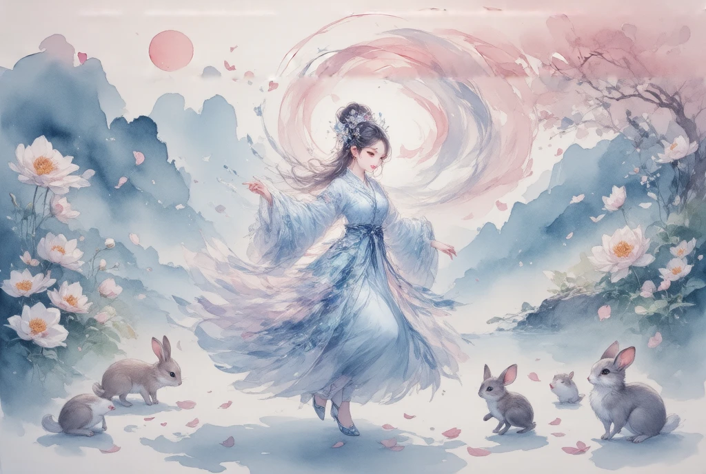 score_9, score_8, score_7, Watercolor,  Beautiful Taoyuan Township , The goddess, Feather coat,  Pink Light Silk , Dancing in Taoyuan , 一面のFlower storm, Flower storm,  Beautiful Petals Flutter,  Small Animals Play Under Your Feet , fantasy landscape, ((retina, masterpiece:1.2, high details, high quality,  highres icon, best quality))