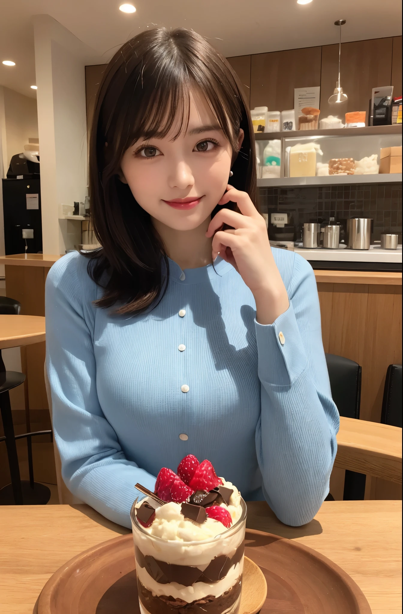 Araffe woman sitting at a table with a cake and a phone - SeaArt AI