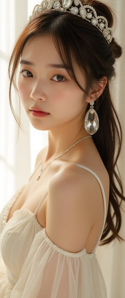  beautiful Japanese woman , Light colored , long, Messy, Damp brown hair ,  wavy hair ,  Brown Eyes , CRYSTAL CLEAR LARGE EARRINGS :1.331,  crystal clear necklace:1.331,  CRYSTAL CLEAR LARGE DECORATED TIARA:1.331, White Style,  white camisole,  a seductive expression on her face , White background, Warm lighting, 