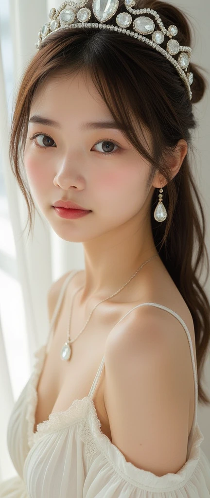  beautiful Japanese woman , Light colored , long, Messy, Damp brown hair ,  straight hair,  Brown Eyes , CRYSTAL CLEAR LARGE EARRINGS :1.331,  crystal clear necklace:1.331,  CRYSTAL CLEAR LARGE DECORATED TIARA:1.331, White Style,  white camisole,  a seductive expression on her face , White background, Warm lighting, 