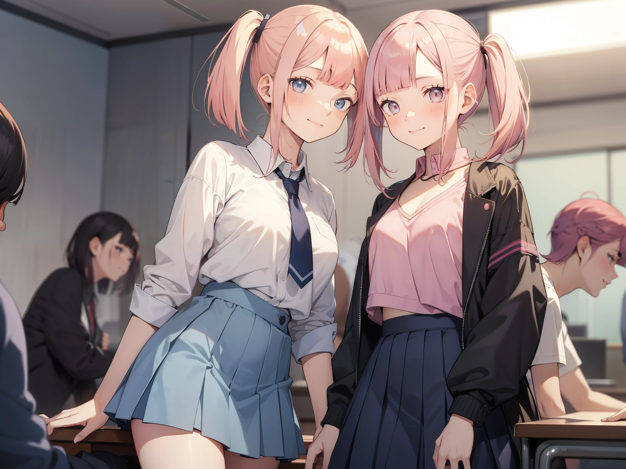 faded tone, cool school girl, 2 men, having sex with men, pink hair, bob hair, innocent girl, principle's office, drooling, side half pony tail, (blunt bangs :1.6), light blue skirt, small breasts, , cinematic, hair ornament, bob hair, small chest, , heavily blurred background, smiling