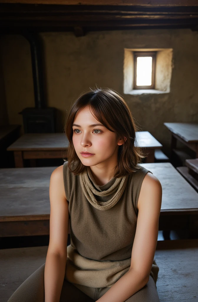 Photo parameters: [Close-up shot, focusing on her facial details.]
Model parameters: [, female, messy chestnut-brown wavy hair, honey-colored eyes with a hollowed, weary look, and smudged cheeks.]
Model's clothing: [A simple linen scarf wrapped around her shoulders, covering a faded, collarless tunic in earthy tones.]
Model pose: [Seated on a wooden bench, staring into the distance with her hands resting limply on her lap.]
Lighting parameters: [Natural light filtering in through a small, grimy window.]
Background parameters: [A medieval common room with rough wooden beams and a small hearth in the background.]
Priority: [Convey the weight of her struggles and longing for her former life.]