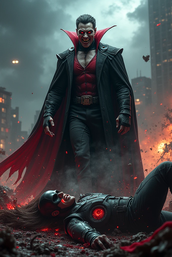 ((masterpiece)), ((8k resolution)), a man, medium white hair, white superhero costume with red cape, ((((filled with blood)))), creepy, in dark cyber city alley, lazer from eyes