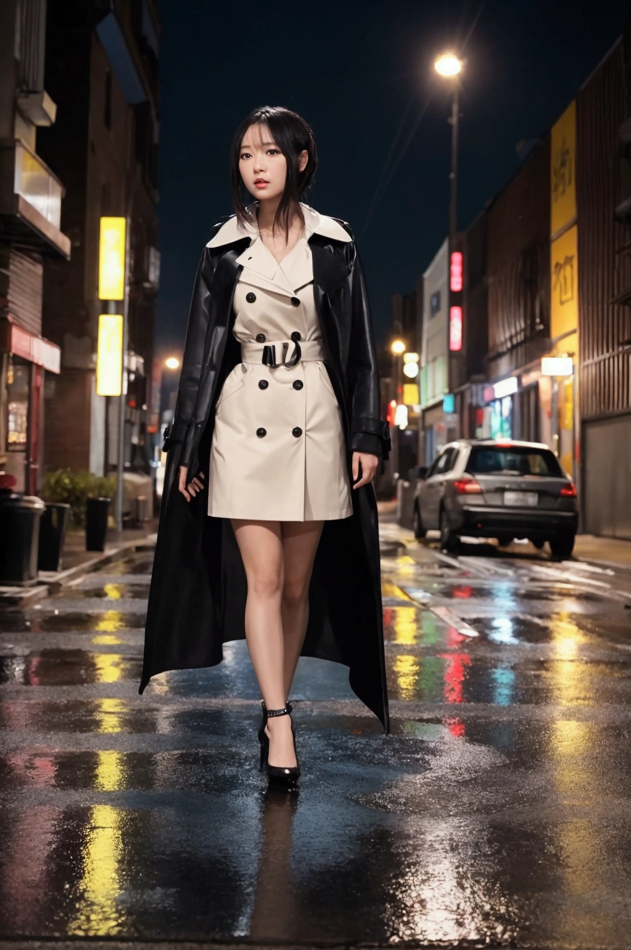 Short hair with a gradient of black and purple,The ends are curly,Black short sleeves,Glossy lilac trench coat,Dark purple pleated skirt,The size of the girl,wears glasses,high heel shoes --auto