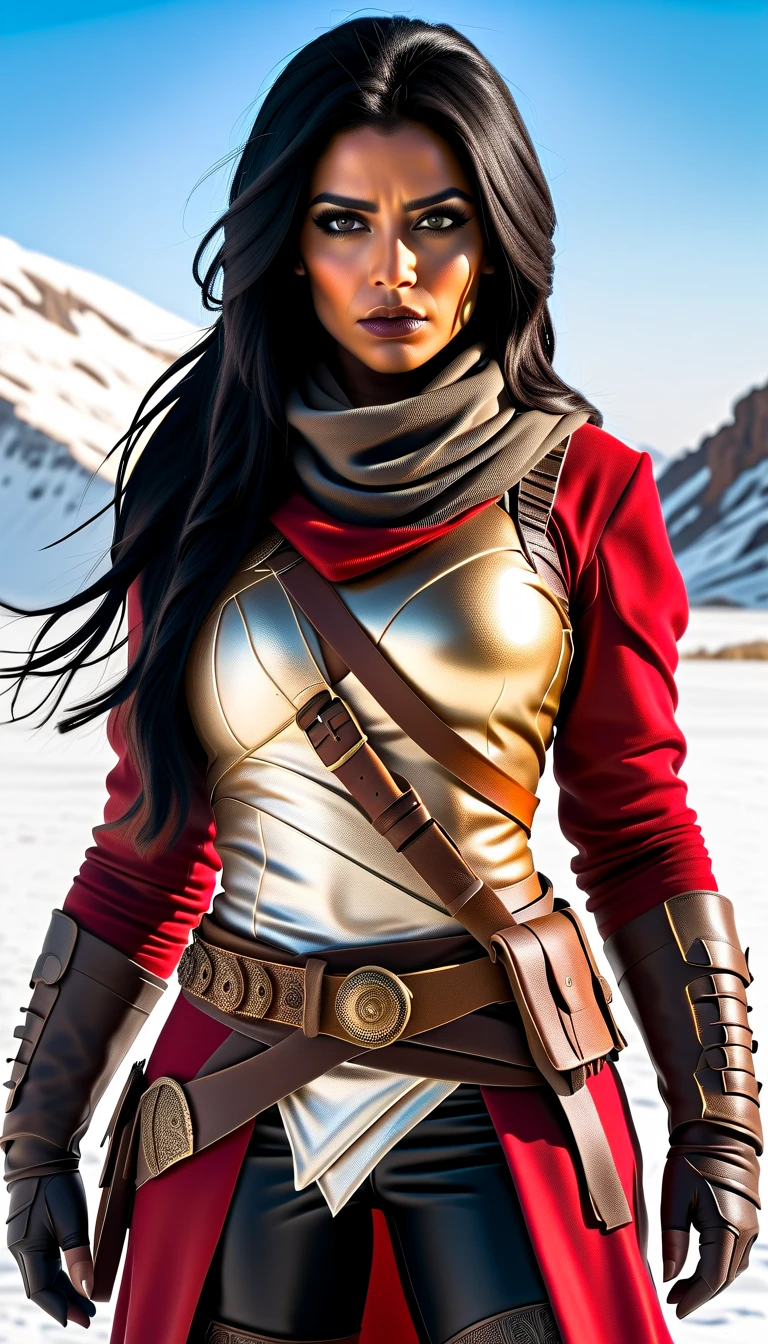 A photo realistic full-body portrait of a fierce post-apocalyptic warrior woman standing confidently in a snowy wasteland. She has strikingly sharp facial features, piercing eyes, and flowing dark hair that moves with the wind. Her outfit is a mix of rugged bear skin armor with metallic accents, reinforced shoulder pads, showcasing both practicality and style. She wears red dark gloves, belts adorned with metallic details, and thigh holsters that secure her weapons, she is pants is white bear skin, injured by bear include Ripped clothe. slime body shapely. Using a made of bear skin. bear skin clothe, scarf with hijab.
