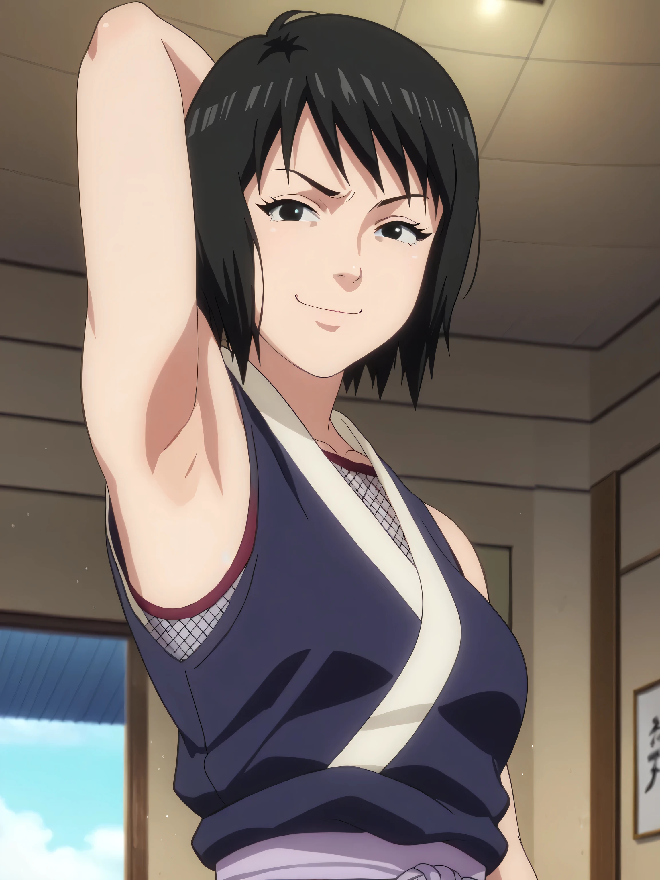 score_9, score_8_up, score_7_up, source_anime, anime screencap, 1girl, solo, shizune, mature, japanese clothes, short hair, fishnets, ninja, kimono, sleeveless, bare shoulders, bare arms, arm behind head, armpit, looking at viewer, head towards viewer, smile, closed mouth, badhandv4, indoors, from side, from below, smug