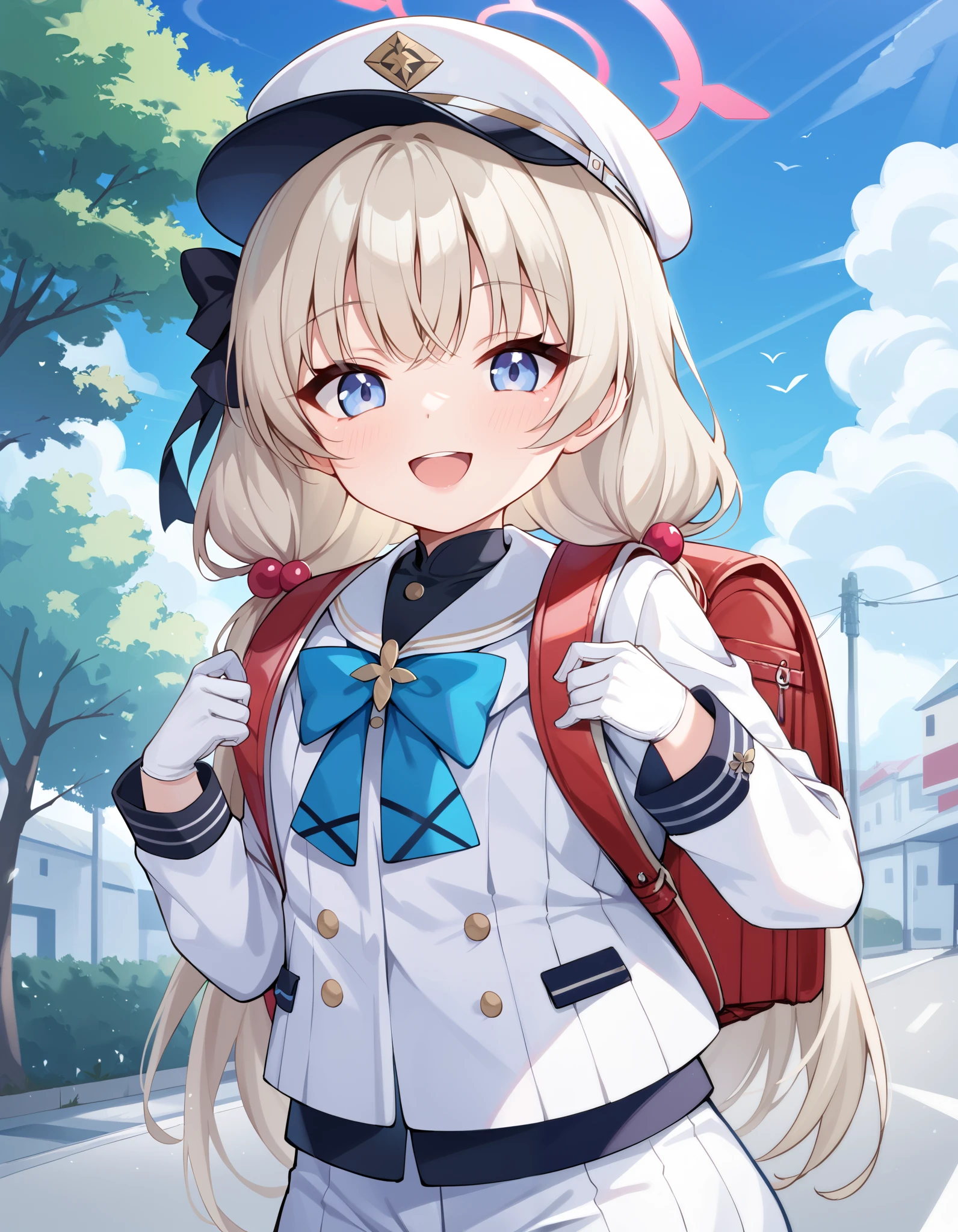 masterpiece, best quality, hd, aaherta, long hair, grey hair, hair flower, beret, black headwear, joints, choker, key, sailor collar, shoulder cutout, white dress, detached sleeves, standing, cowboy shot, outdoors, wearing school backpack, (backpack:1.1)
