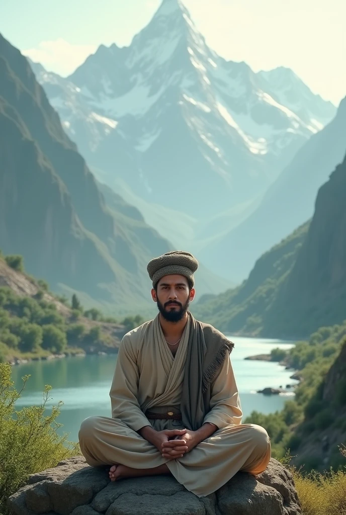 A blue eyed male Pashtun with a great personality looking at his the snowy village in Swat Valley.