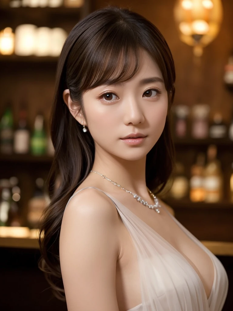  She stretches her back with lots of exposed small jewels A very beautiful and well-styled Japanese woman in a dark night bar lounge with romantic lighting wearing a sheer, pale pastel cocktail dress attached、She has brown eyes and shoulder-length dark blond loosely coiled hair gorgeously、 she is looking at me 、 she is wearing a small necklace without silver jewels 、 The background is European and gorgeous 、Darken the background、ultra-detailed, perfect anatomy, perfect limbs, perfect hand, depth of field, blurry background, blurry, Shallow depth of field, spotlight, 